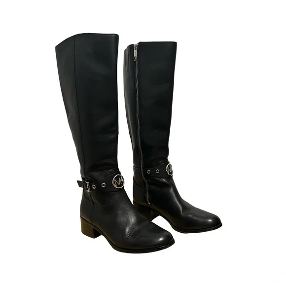 Michael Kors Tall Black Leather Boots size 6 silver hardware - Picture 3 of 9